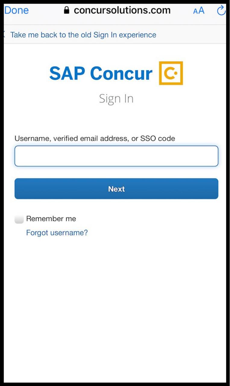 Concur initial sign in page